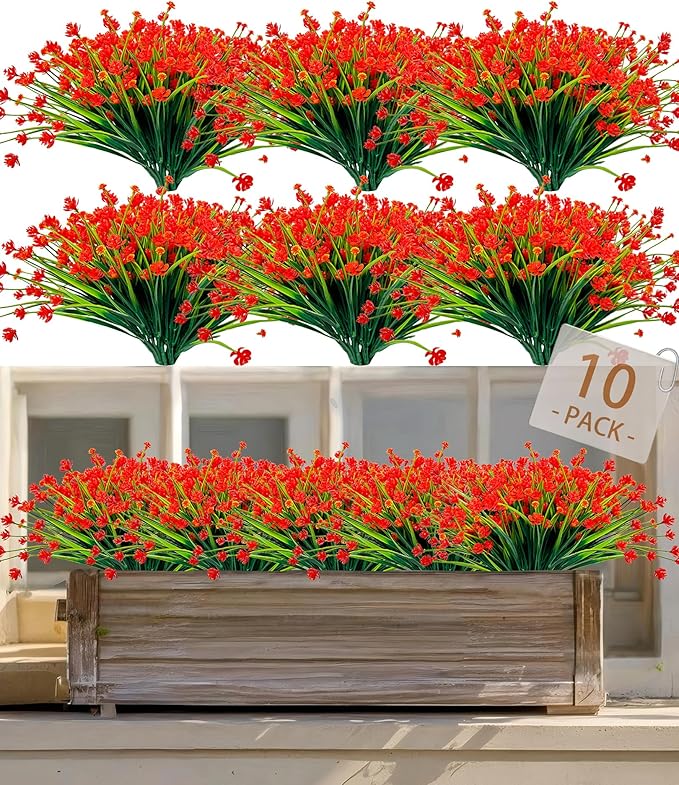 Artificial Plants & Flowers 10 Bundles Orange Faux Outdoor Artificial Plants UV Resistant Plastic Flowers for Decoration Artificial Hanging Flowers for Outdoors