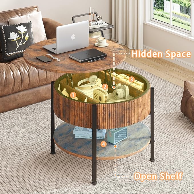 26.77” Small Coffee Table, Round Fluted Lift Top Coffee Table with Storage, Rustic Central Table with Lift Tabletop for Living Room, Home Office, Brown
