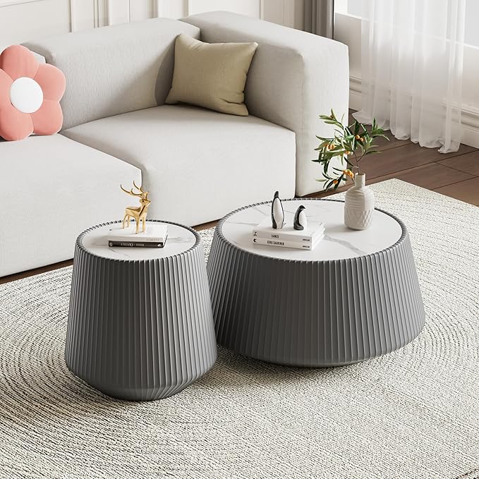 Round Living Room Table Set, 26.77" Grey Drum Center Table and 19.68" Grey Coffee Table Set, 2 Pieces Coffee Table Set with Sintered Stone Tabletop, Fluted PU Leather Covered and StableBase