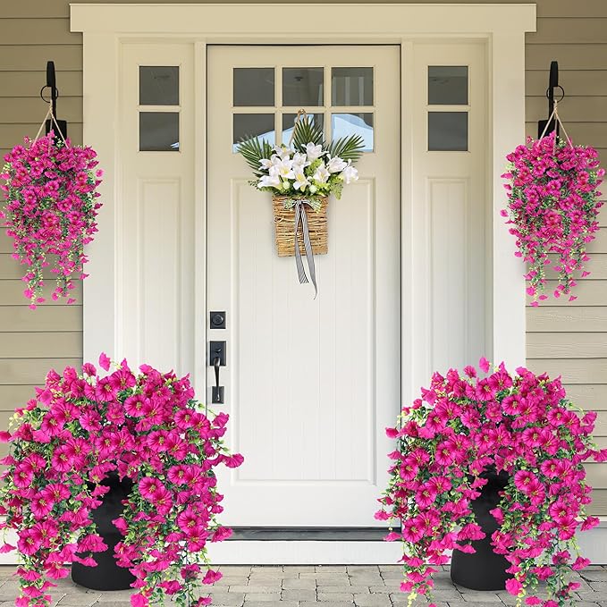 Sggvecsy Artificial Fake Hanging Flowers Plants for Outdoor Outside Spring Summer Decoration 2PCS Faux Silk UV Resistant Realistic Morning Glory with Eucalyptus for Home Porch Patio Balcony(Magenta)