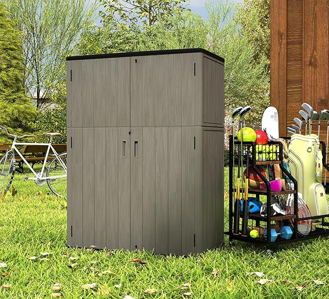 ZZM 57 Cu.ft Outdoor Storage Shed with Floor HDPE Double-Wall Resin Sheds Outdoor Storage, Lockable Weatherproof Storage Cabinet Fit for Garden Tools, Garage can, Bike, Patio Furniture, Coffee