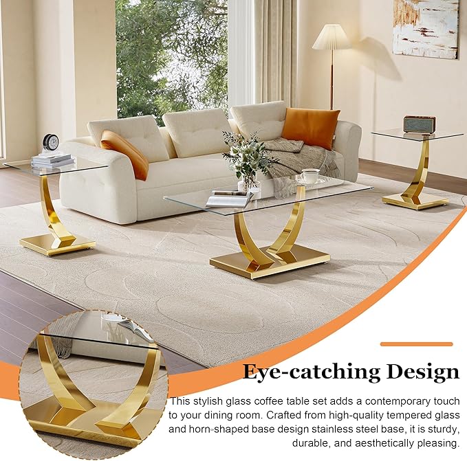 Modern Glass 3 Piece Living Room Table Set, Coffee Table Set with 1 Coffee Table and 2 End Tables, Tempered Glass Top and Gold Horn-Shaped Stainless Steel Base for Living Room, Office