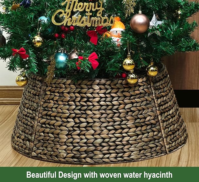 CENBOSS Rattan Christmas Tree Collar, Wicker Tree Skirt & Stand Base Cover (Black Wash, 24 inch)