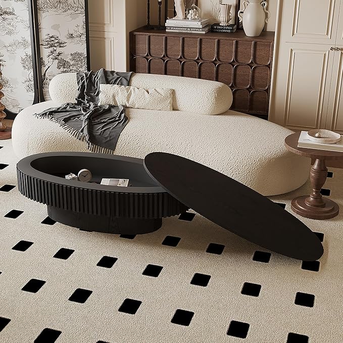 47" Oval Coffee Table with Hidden Storage Compartment, Modern Handcraft Fluted Drum Coffee Table, Wooden Oval Center Table Cocktail Tea Table with Sturdy Pedestal for Living Room, Black