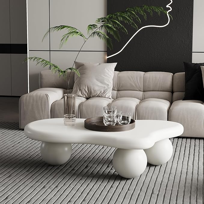Modern Cloud Coffee Table with 3 Ball Legs, Cute Irregular Shaped Coffee Table, Low Center Table Tea Table for Living Room Apartment (47.2''L × 31.5''W × 13.78''H)