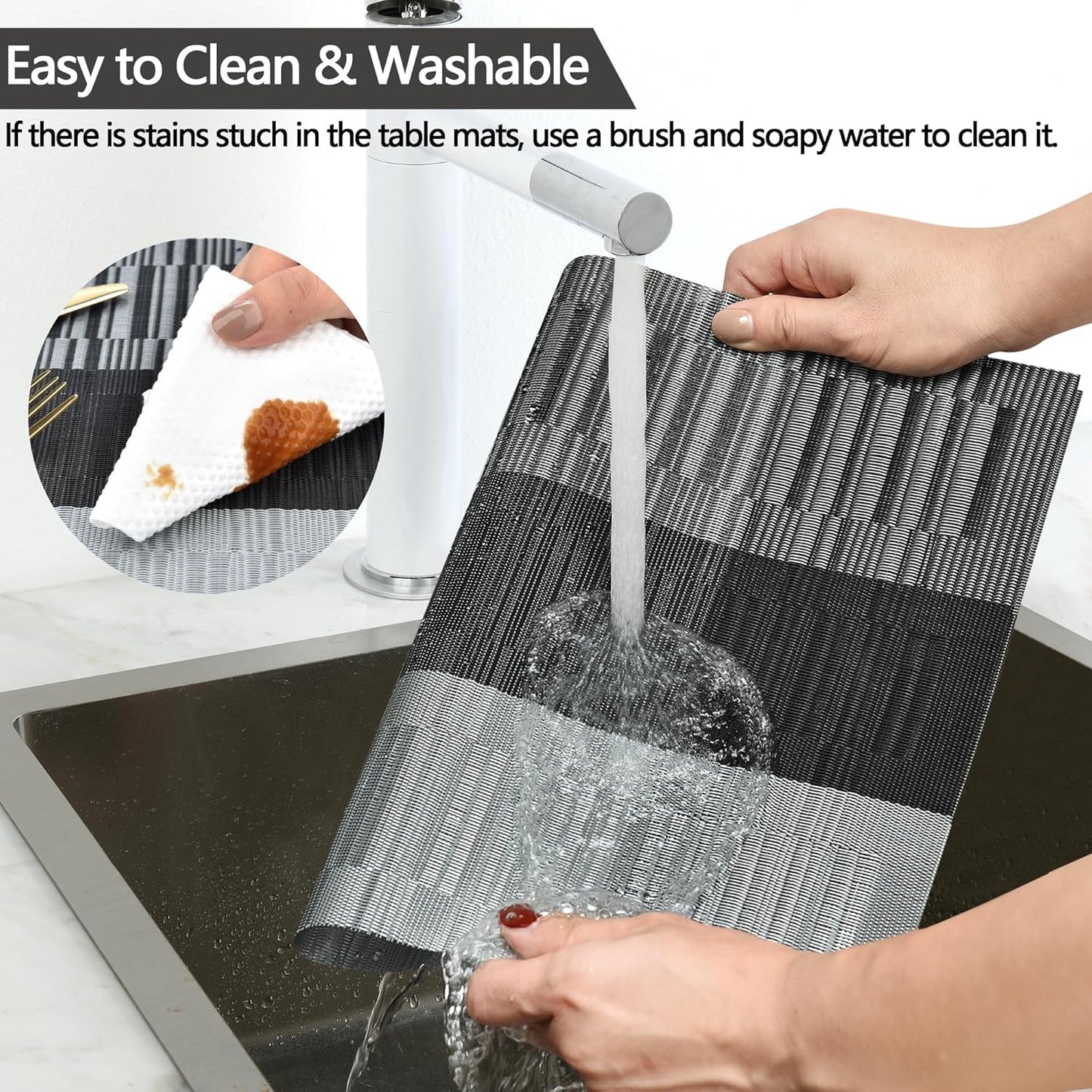 Placemats Set of 6 - Easy Clean Washable Vinyl Placemats - Heat Resistant PVC Place Mats for Dining Table (Black and Gray, 6)