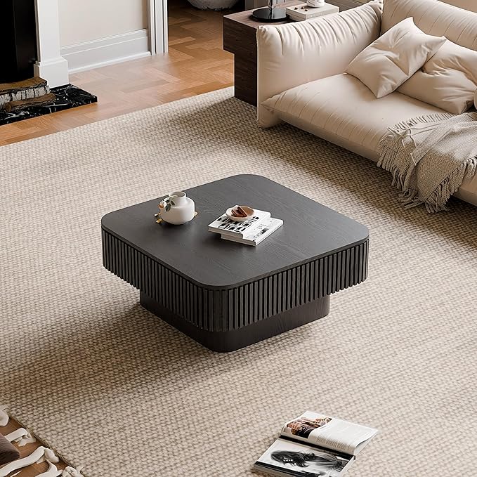 31.5'' Square Coffee Table with Storage, Mid Century Modern Fluted Drum Center Tables with Lid, Solid Wood Modern Coffee Table Accent Tea Table for Living Room, Bedroom, Apartment or Office, Black