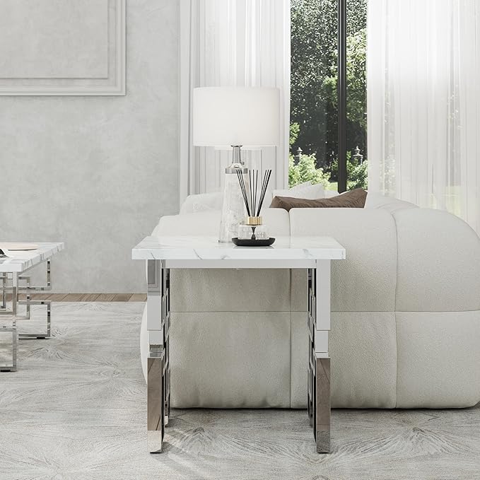 AUZ Silver End Table, Modern Square Living Room Side Table with White Faux Marble Top and Mirrored Silver Metal Geometric Base
