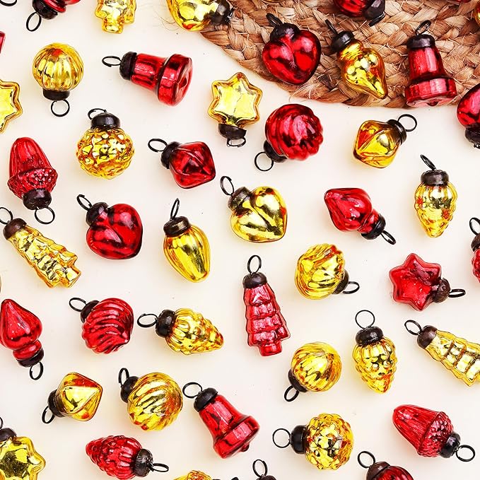 75 Pieces Glass Red Gold Christmas Ornaments Decorative Mercury Mini Vintage Bulk Hanging Ornaments for Halloween, Christmas Tree, New Year, Valentine Day, Holidays, Event and Wedding Party Decor