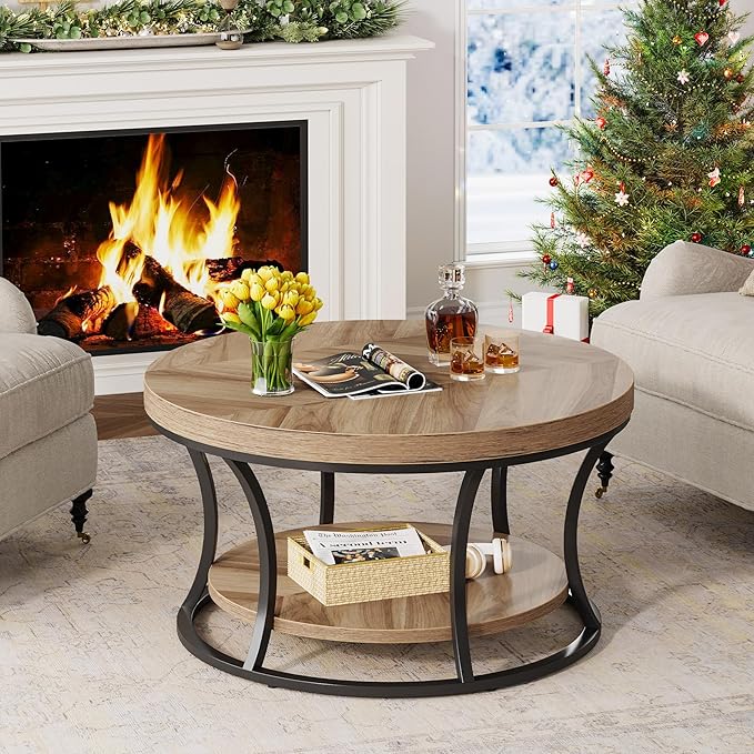 Round Coffee Table for Living Room, 2-Tier Circle Coffee Table with Storage, Accent Center Table Modern Design, Wooden Grain and Black