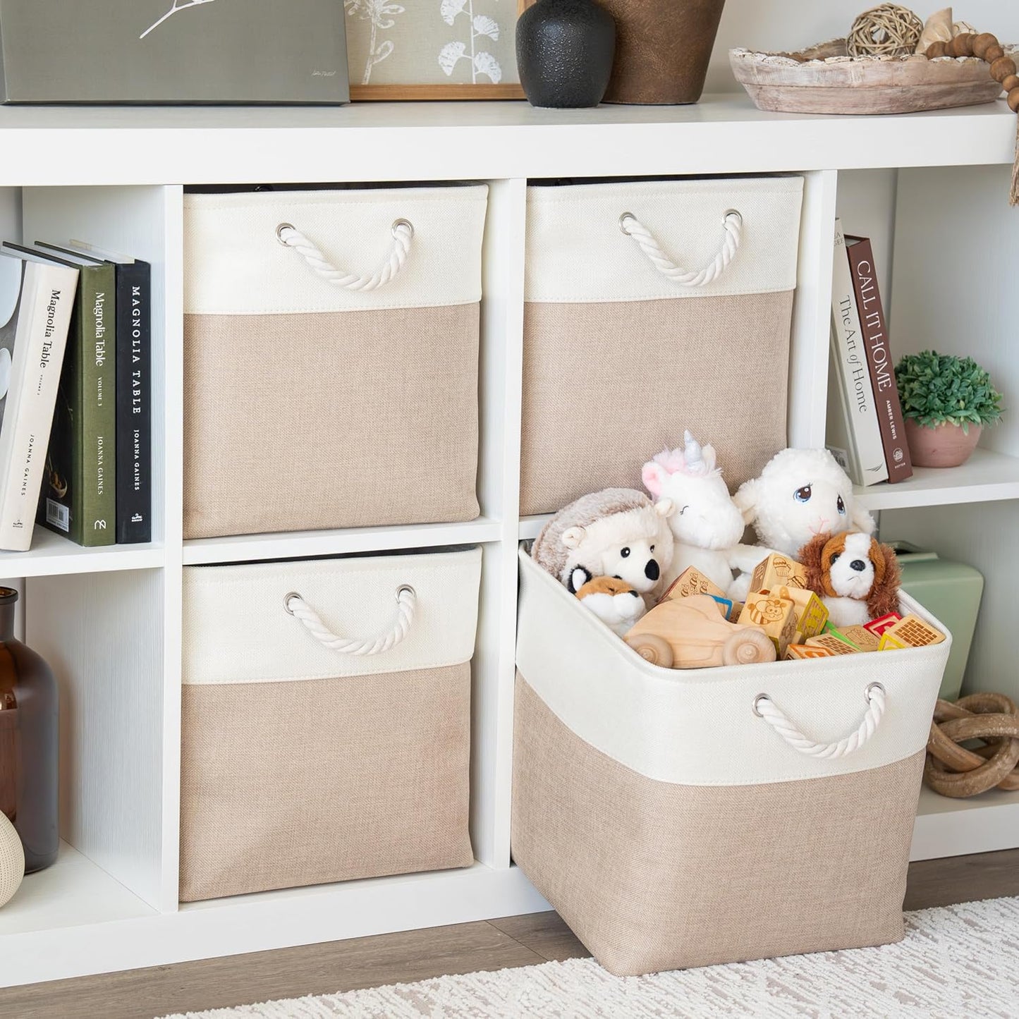 OrganiHaus 13x13 Cube Storage Bins 4 Pack, Foldable Cube Storage Organizer w/ Rope Handles, Collapsible Fabric Bins for Toys, Clothes & Closet Organization, Fabric Square Baskets - Beige/White