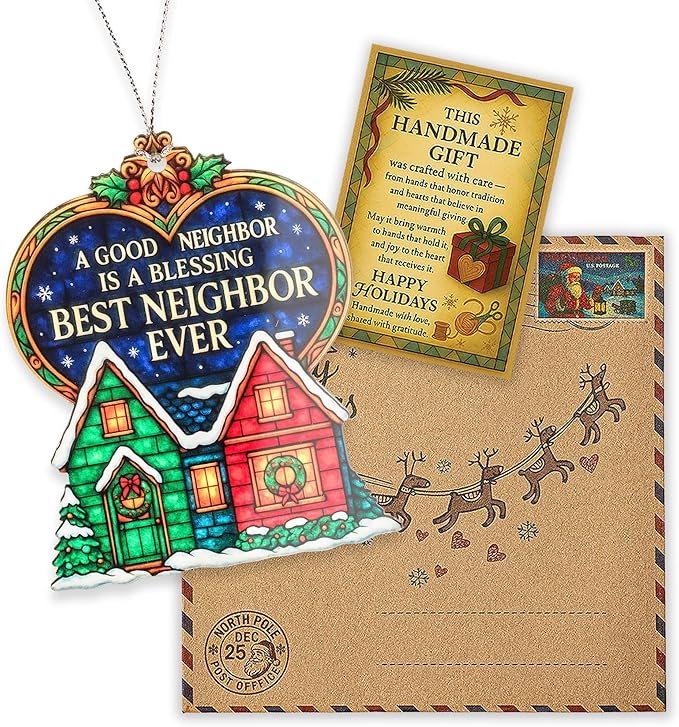 Best Neighbor Ever Ornament – Neighbor Gifts – Christmas Ornament – Friendship Decor – Holiday Housewarming Gift – Suncatcher Effect Window Hanging – Car Hanging