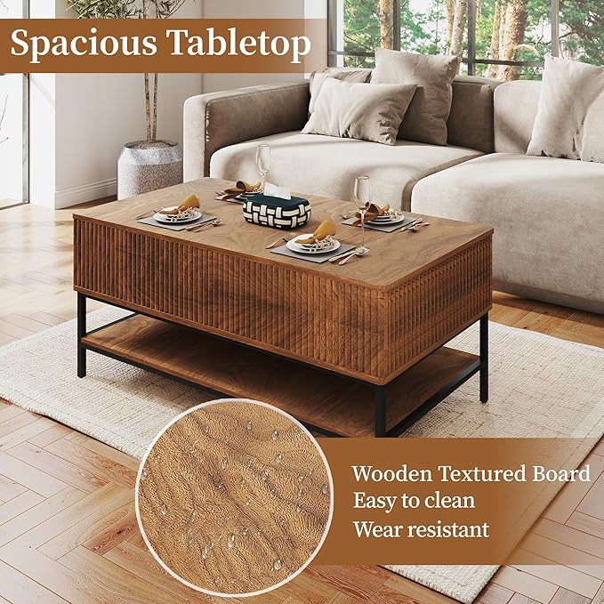 AQY Lift Top Coffee Table with Storage, 39.2" Modern Wooden Center Table with Hidden Compartment & Lower Shelf, Multifunctional Coffee Table for Living Room, Office,Assembly Required