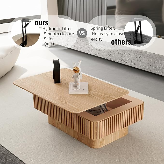 38.6" Lift Top Coffee Table, Modern Fluted Tea Table with Hidden Storage for Living Room, Apartment or Office, Natural Wood