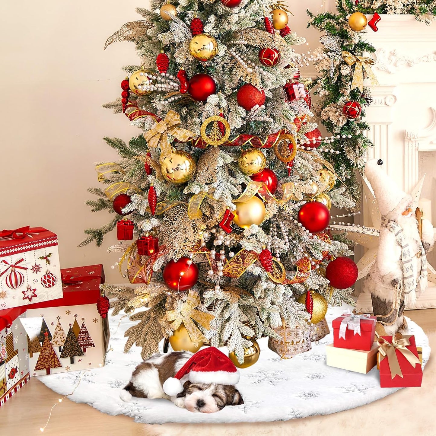 Christmas Tree Skirt 48 Inch, Holiday Part Decorations for Christmas Tree, Whit Plush Sliver Sequin Snowflake Tree Shirt for Xmas
