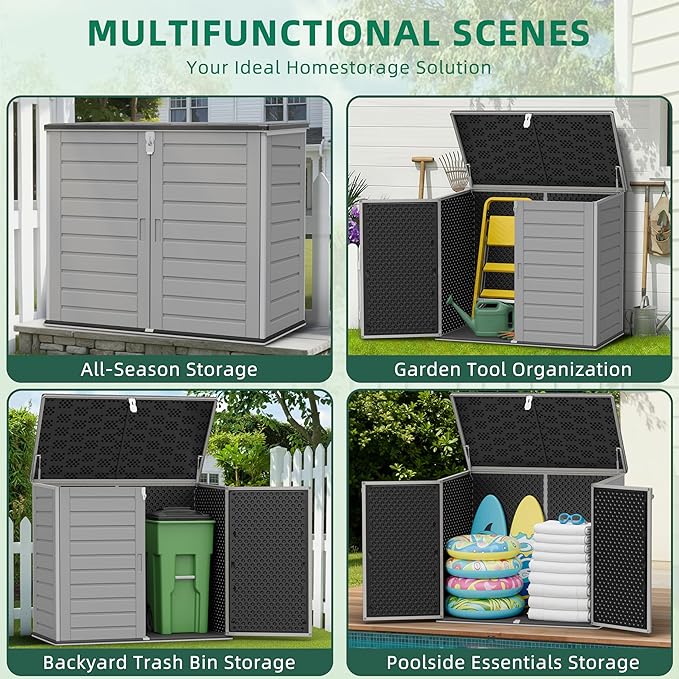 Horizontal Outdoor Trash Can Storage Shed, 304 Gallon Resin Garbage Can Storage Shed with Lockable Doors & Lift Lid, Waterproof Bin Shed for Backyard, Patio & Garden (Gray)