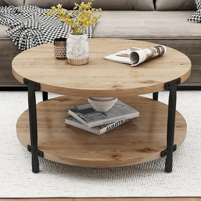 Wooden Round Coffee Table, 2-Tier Coffee Table, 29.61” Center Table with Metal Legs & Open Storage, Center Accent Table for Living Room, Natural Wood Color