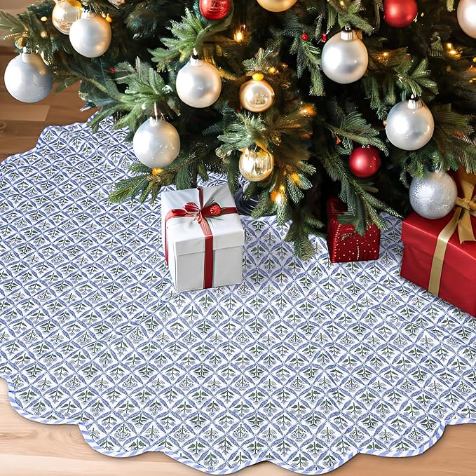 Christmas Tree Skirt Cotton Floral Block Tree Skirt in Nature Color for Home Xmas Party Seasonal Holiday Decoration Indoor Outdoor(60 Inch,Blue)