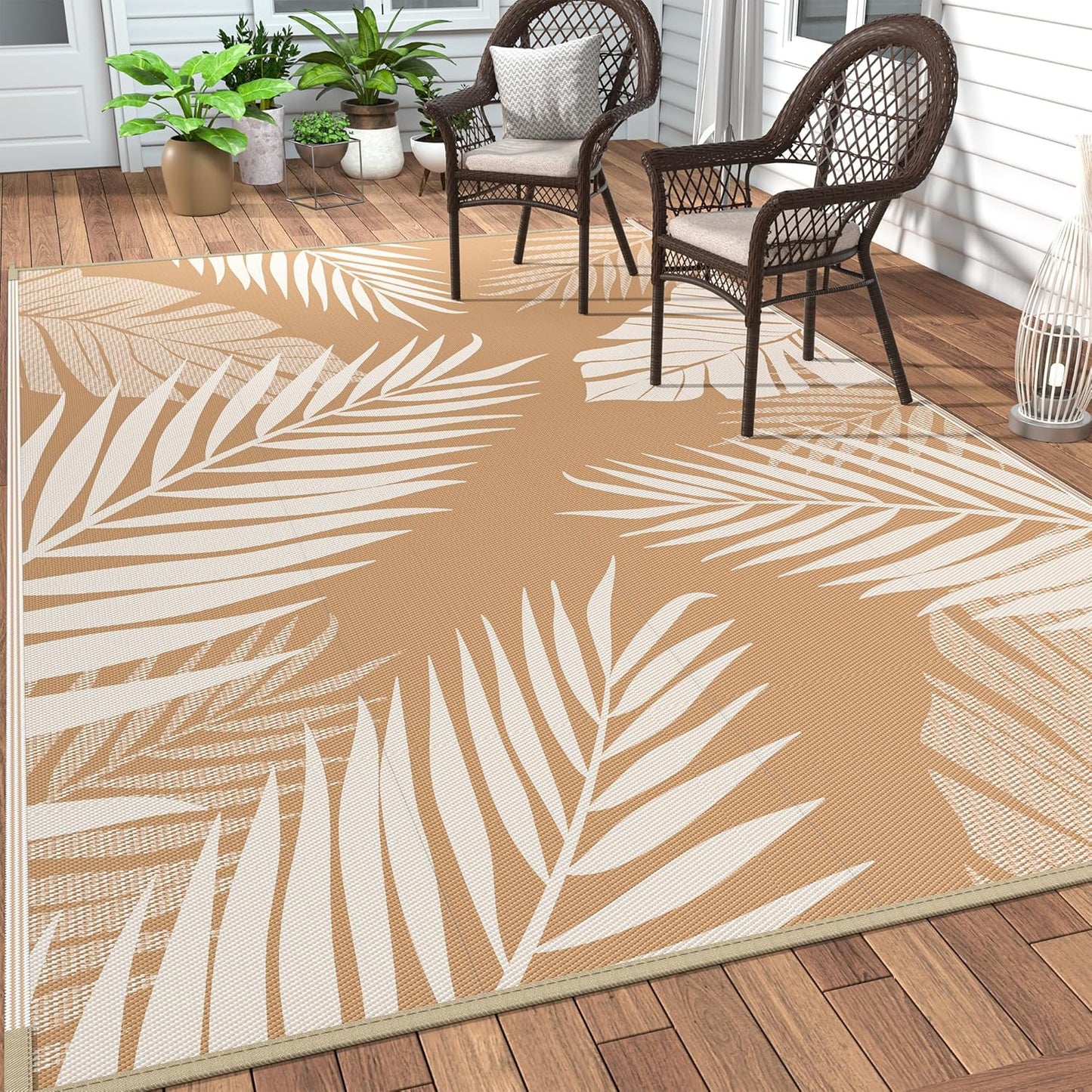 GENIMO Outdoor Rug 8' x 10' Waterproof for Patios Clearance, Reversible Outdoor Plastic Straw Camping Rug Carpet, Large Area Rugs Mats for RV, Camper, Deck, Balcony, Porch, Beach, Picnic, Brown&Beige