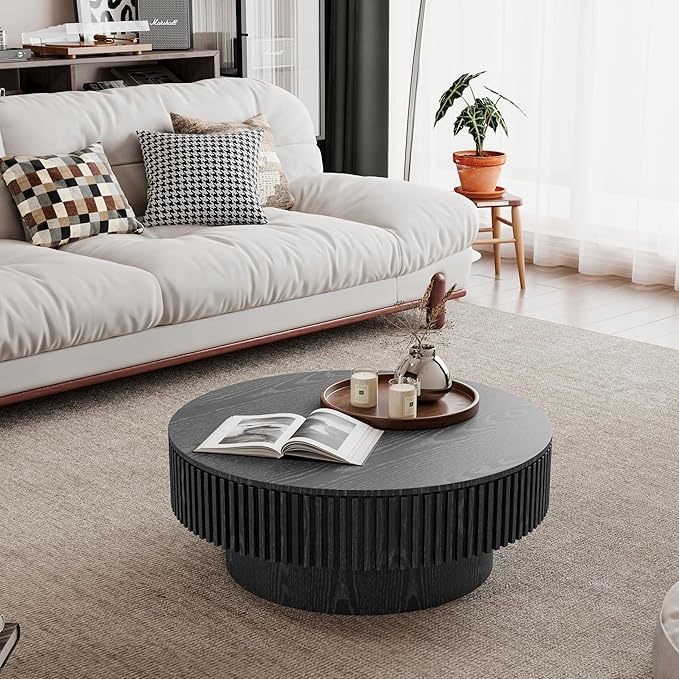 31.5" Round Coffee Table with Hidden Storage Compartment, Modern Handcraft Fluted Drum Coffee Table, Wooden Circle Center Table Cocktail Tea Table with Sturdy Pedestal for Living Room, Black