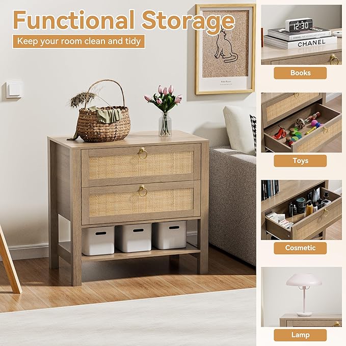 Rattan Nightstand Set of 2 with 2 Drawers and Storage Shelf, 26” Tall Wide Night Stand, Wood Large Bedside Table for Bedroom, Side Table, Carbon Cherry