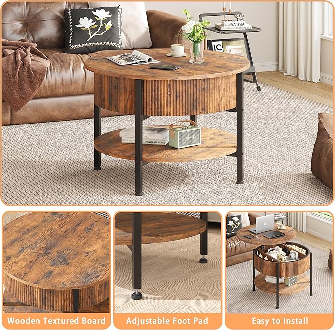26.77” Small Coffee Table, Round Fluted Lift Top Coffee Table with Storage, Rustic Central Table with Lift Tabletop for Living Room, Home Office, Brown