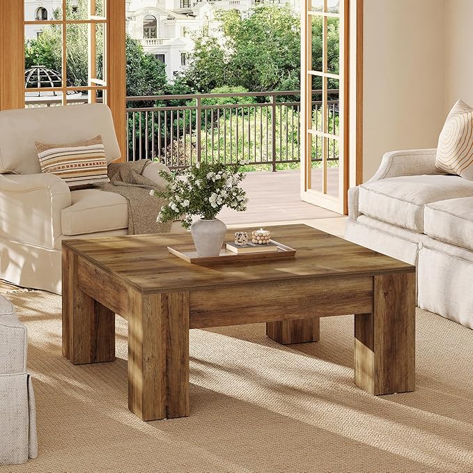 Tribesigns Square Coffee Table, 39-Inch Farmhouse Wooden Coffee Table with Sturdy Legs, Rustic Accent Center Table for Living Room, Easy Assembly, Rustic Brown