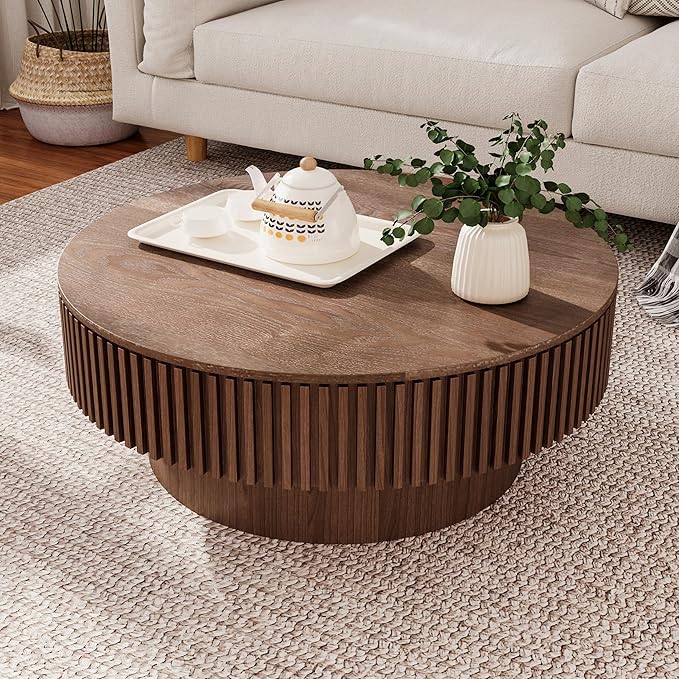 31.5" Round Coffee Table with Hidden Storage Compartment, Modern Handcraft Fluted Drum Coffee Table, Wooden Circle Center Table Cocktail Tea Table with Sturdy Pedestal for Living Room, Walnut