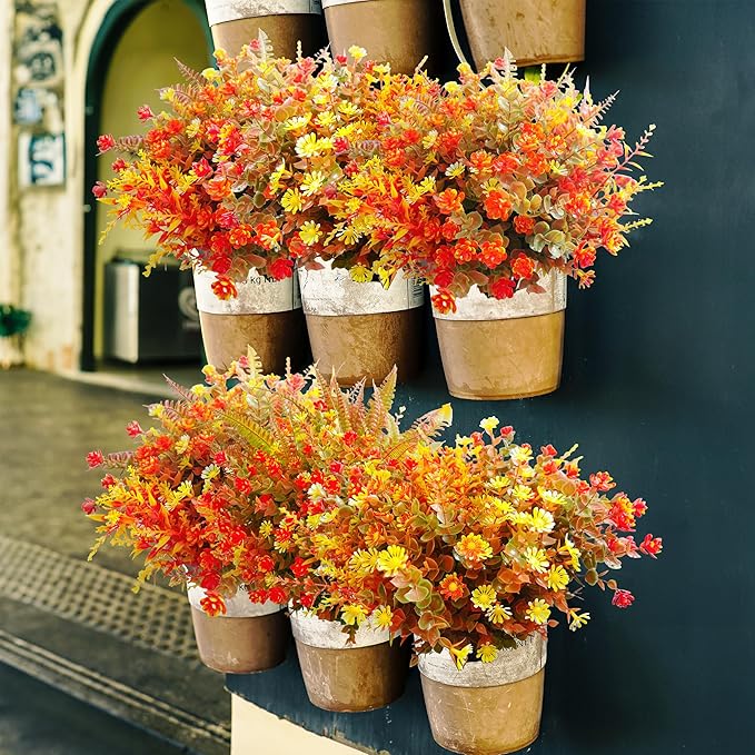 18 PCS Artificial Mums Fall Flowers for Outdoors, Artificial Plants Outdoor Fake Mums UV Resistant, Outdoor Fake Plants Plastic Faux Flowers for Porch Window Box Garden (Orange Red)