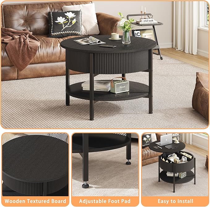Round Coffee Table, Fluted Lift Top Coffee Table with Hidden Compartment and Open Shelf, 26.77” Small Central Table for Living Room, Home Small Space, Mid-Century Black
