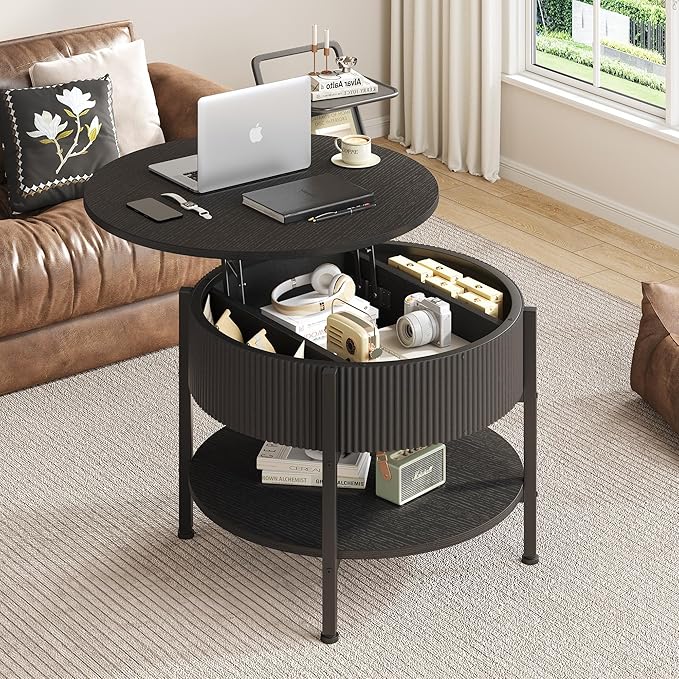 Round Coffee Table, Fluted Lift Top Coffee Table with Hidden Compartment and Open Shelf, 26.77” Small Central Table for Living Room, Home Small Space, Mid-Century Black