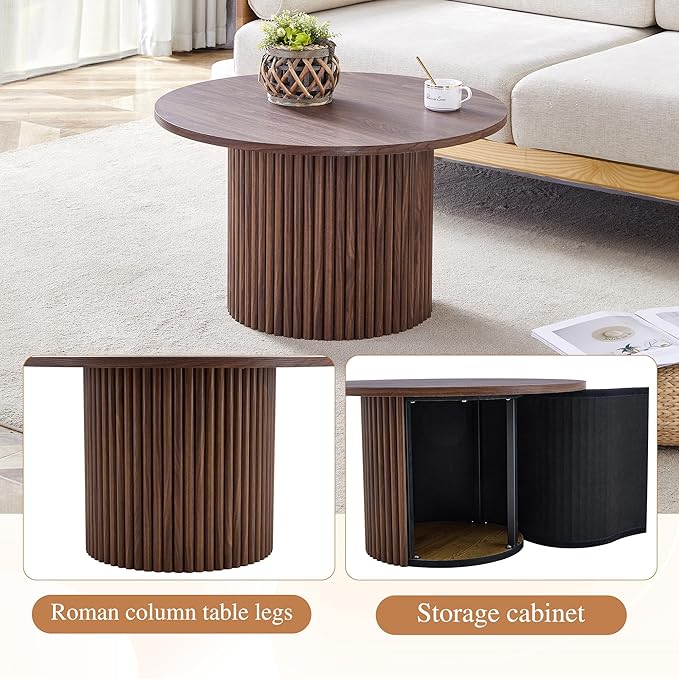 Small Round Coffee Table with Storage, 27.5IN Circle Wood Center Table Minimalist Fluted Coffee Table for Living Room (HT)