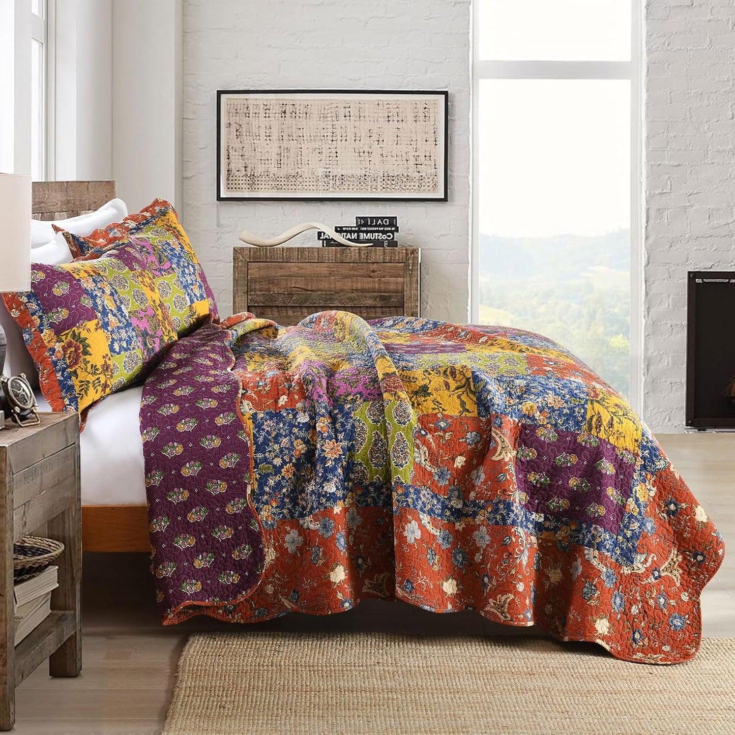 Secgo Queen Comforter Set for Bed - 100% Cotton Quilts Queen Size, Black Bedspreads (90 * 98 Inch) with 2 Pillow Shams, Patchwork Reversible Lightweight Bedding