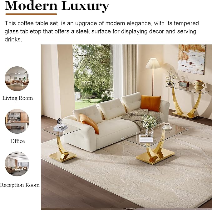 Modern Glass 3 Piece Living Room Table Set, Coffee Table Set with 1 Glass Coffee Table, 1 End Tables and 1 Console Table, Gold Horn-Shaped Stainless Steel Base for Living Room, Office