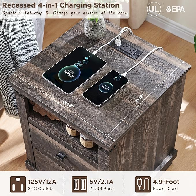 RedLemon Farmhouse Nightstand Set of 2 with Charging Station, 18" Rustic Night Stand with 2 Storage Drawers, Wood End Table for Bedroom, Living Room, Dark Rustic Oak