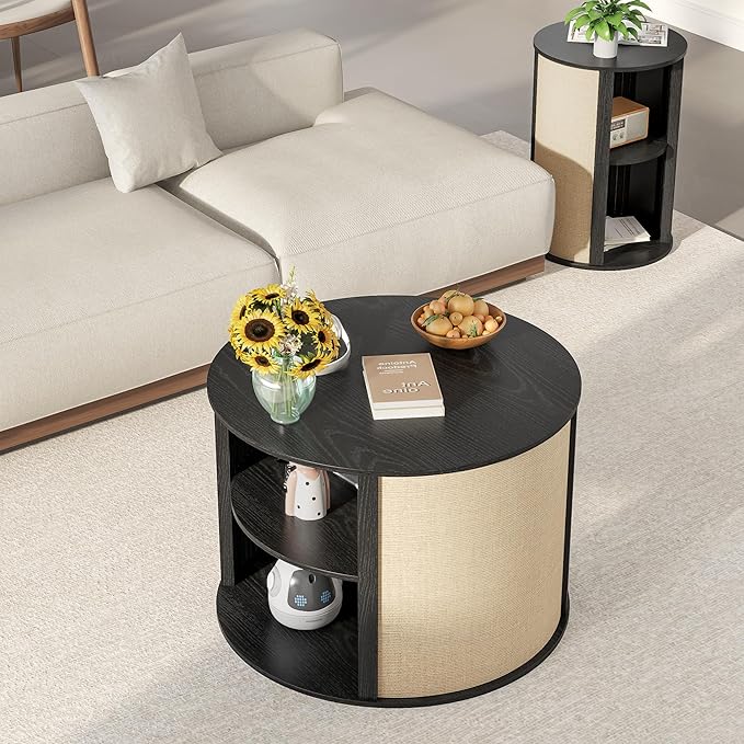 Black Round Coffee Table with Storage, 2-Tier Boho Wood Center Coffee Table with Adjustable Shelf, Sackcloth Finish, Farmhouse, Mid Century Modern, for Living Room, 27.5 Inches