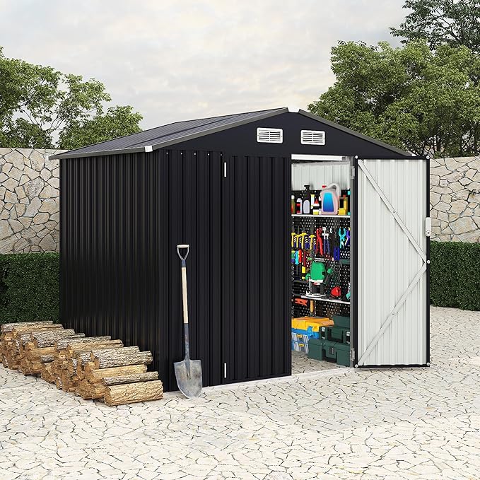 6x8 FT Metal Storage Sheds Outdoor with Floor, Metal ToolShed with Lockable Door, Metals Yard Sheds Metals Garden Shed Kit, MetalUtility Sheds Buildings with Air Vent for Backyard Garden Patio Lawn