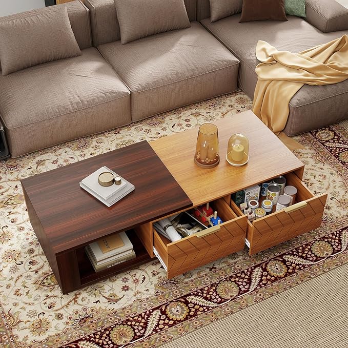 42"- 65" Extendable Coffee Table with Storage, Reversible Wood Coffee Table with 2 Drawers, Two-Tone Large Adjustable Center Table for Living Room, Office (Dark Walnut)