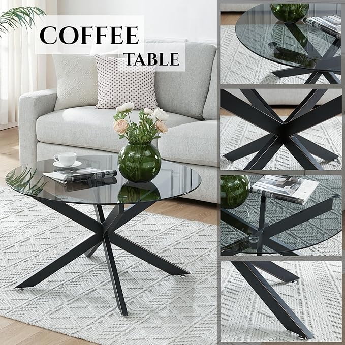 Black & Round Glass Coffee Tables for Living Room, Home Office, Modern & Simple Center Table with Gray Tempered Glass Top, 35.5" Wx19.7 H