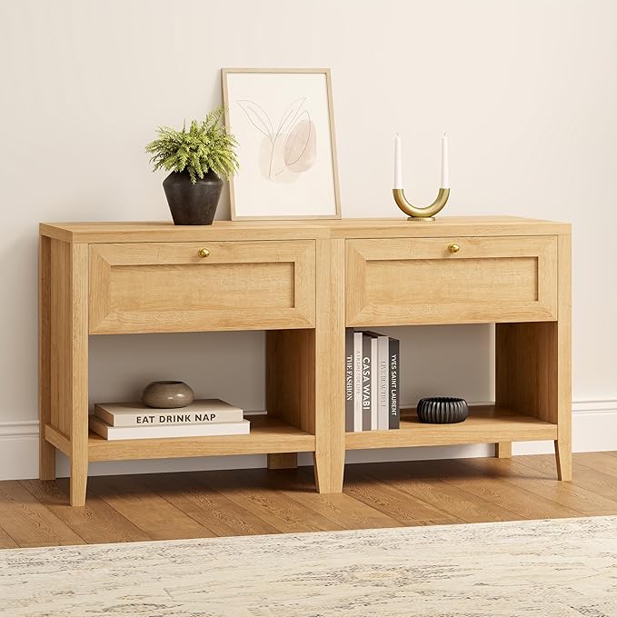 Nightstand with Storage Drawer, Farmhouse Large Bedside End Table with Open Shelf, Modern Wood Night Stand for Sofa, Bedroom, Natural Oak