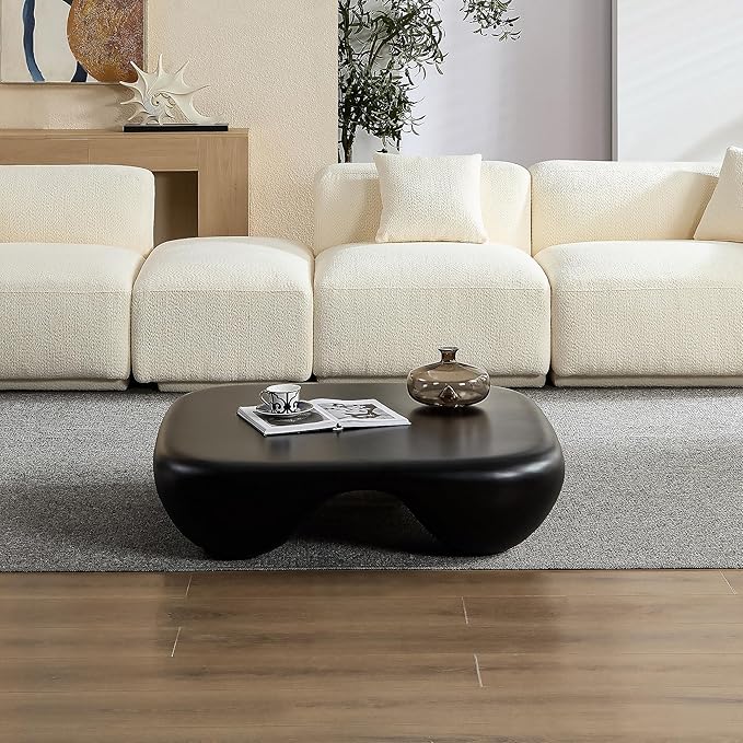 Cloud Square Modern Coffee Table, Heavy Duty Low Profile End Table with Stable 4-Leg Base and Strong Tempered Glass Top, Cream Style Sofa Side Table (Black Matte)