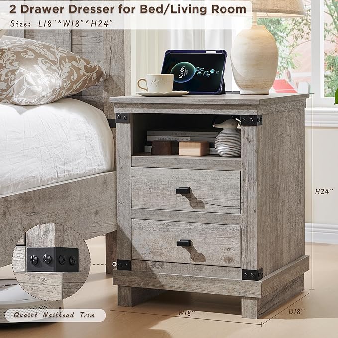 RedLemon Farmhouse Nightstand Set of 2 with Charging Station, 18" Rustic Night Stand with 2 Storage Drawers, Wood End Table for Bedroom, Living Room, Light Rustic Oak
