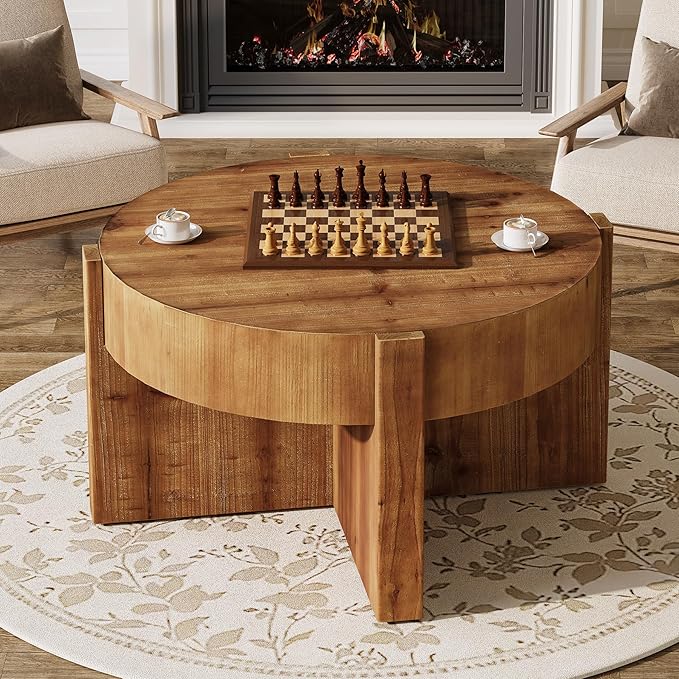 Solid Wood Coffee Table, 32 Inch Round Coffee Table for Living Room, Large Farmhouse Center Table with Thick Tabletop for Home, Easy Assembly, Rustic Brown