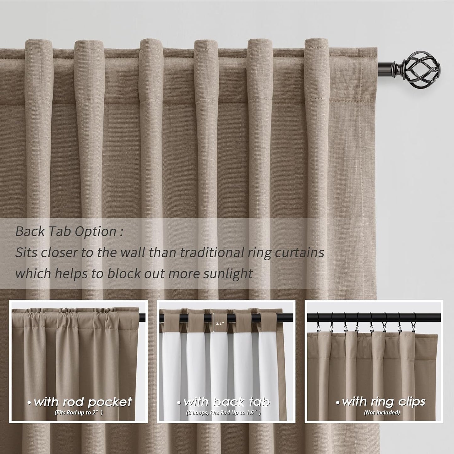 BOODII 63 Inch Blackout Curtains Linen Black Out Curtains for Bedroom 2 Panels Set Neutral Room Darkening Curtain Light Brown Thermal Insulated Curtain for Nursery Window Drapes Back Tab 52x63