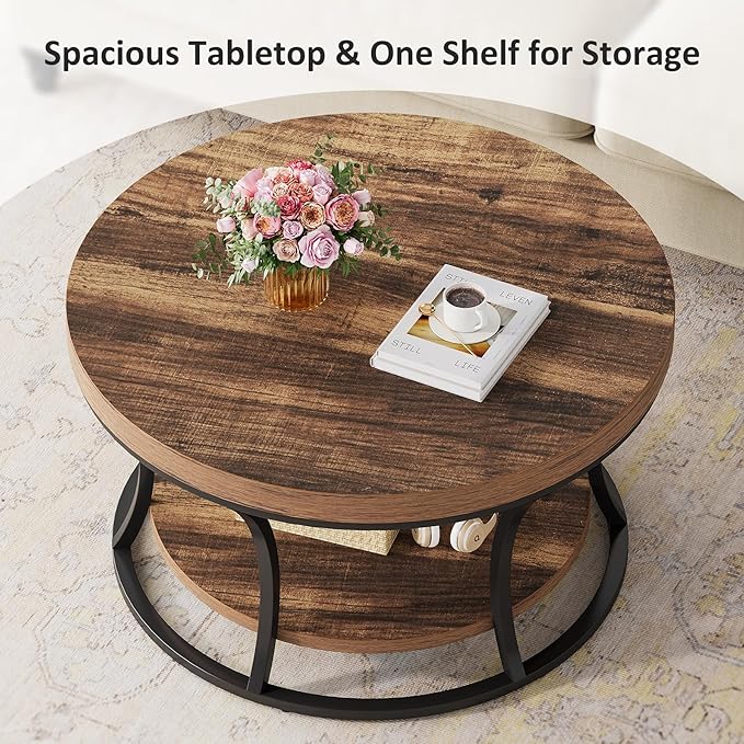 Round Coffee Table for Living Room, 2-Tier Circle Coffee Table with Storage, Accent Center Table Modern Design, Rustic Brown and Black