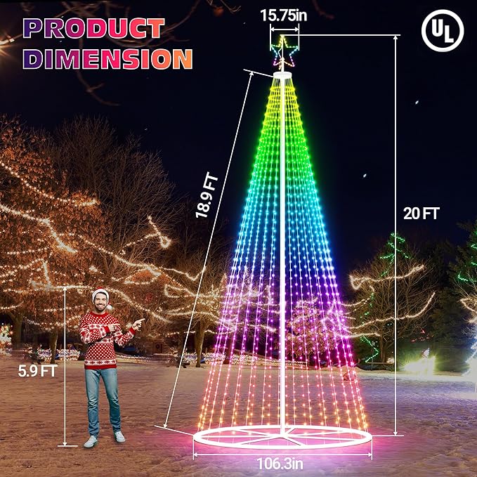 Led Outdoor Christmas Tree, 20 FT Prelit Smart Outside Christmas Tree Light Show App Control with 1512 LED Lights Color Changing Sync APP & Remote Control Lighting