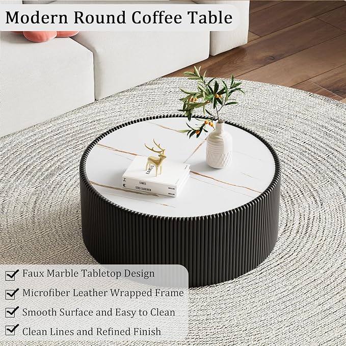 Round Living Room Table Set, 29.52" Black Drum Center Table and 17.71" Black Coffee Table Set, 2 Pieces Coffee Table Set with Sintered Stone Tabletop, Fluted PU Leather Covered and StableBase