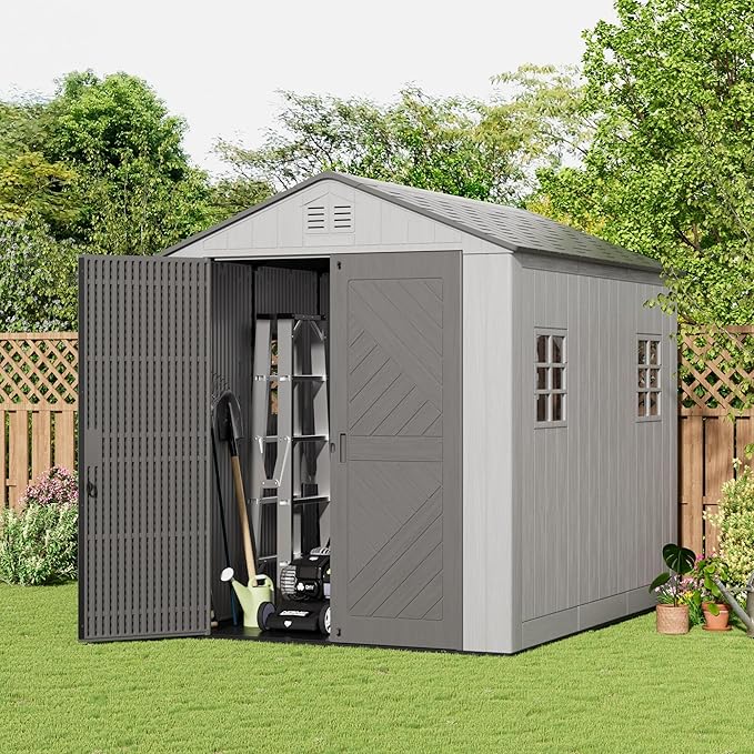6x8.6 FT Storage Shed with Floor,HDPE Resin Outdoor Storage Shed Weather Resistant,Lockable Garden Sheds with Windows for Home/Garden Tools/Backyard/Lawn Mower/Bike Storage(Gray)
