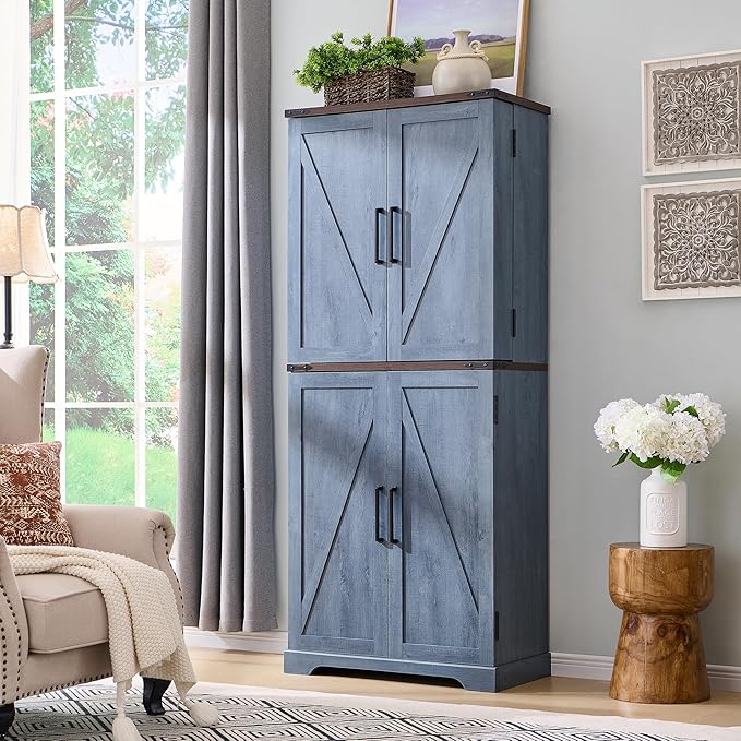 ACCOHOHO 72" Tall Kitchen Pantry, Farmhouse Storage Cabinet with Barn Doors, Organizer, Drawer and Adjustable Shelves, Rustic Wood Cupboard for Kitchen, Dining Room, Bathroom and Hallway, Rustic Blue