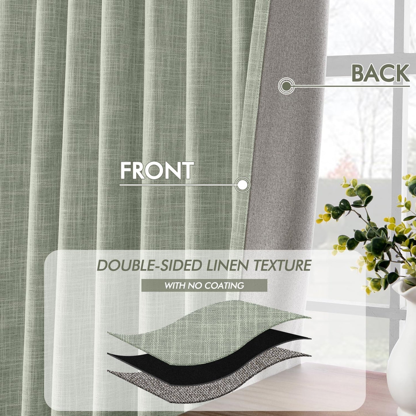 MIULEE Sage Green 100% Blackout Linen Curtains 90 Inch 2 Panels Set Double Sided No Coating Pleated Back Tab Black Out Long Thermal Insulated Pinch Pleat Bedroom Living Room Darkening Window Drapes